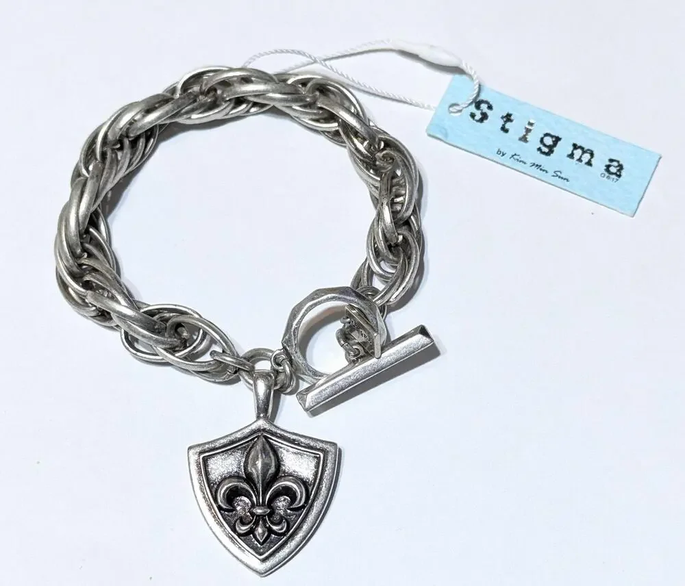 Stigma Mens Toggle Chain Bracelet Silver Tone Fleur-de-Lis Shield Charm